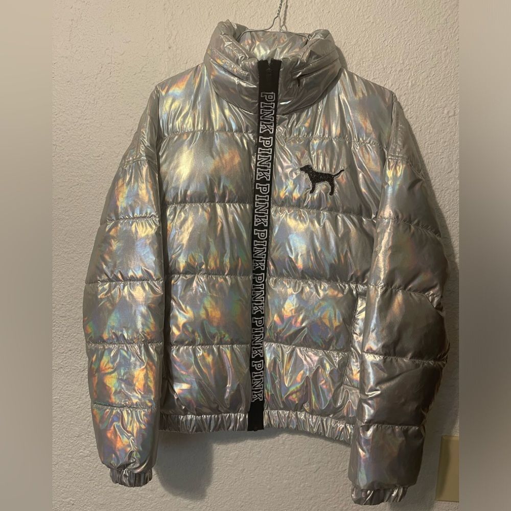 Limited release PINK Victoria’s Secret holographic puffer jacket sz S